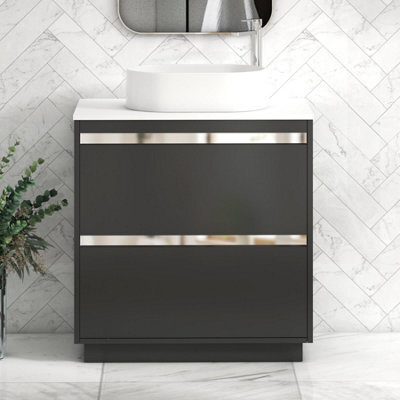 Royal Bathrooms Orion 800mm Matt Obsidian Black Floor Standing Plain White Countertop Vanity Unit 2 Drawer With Peak Basin & Chrome Accent Trim - image 1