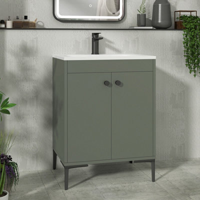 Royal Bathrooms Verona 600mm Matt Green Floor Standing Vanity Unit 2 Door With Stone Basin & Matt Black Knob - image 1