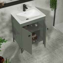 Royal Bathrooms Verona 600mm Matt Green Floor Standing Vanity Unit 2 Door With Stone Basin & Matt Black Knob - thumbnail 5