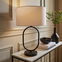 Valuelights Antonia White Fabric Drum Lamp Shade Matte Black Oval Table Lamp With Led Bulb