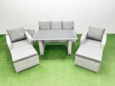 Fimous Outdoor Rattan Garden Furniture Dining Set 7-Seater Patio Rectangular Table 3 Seater Sofa Set With Side Table 2 Big Stools - image 1
