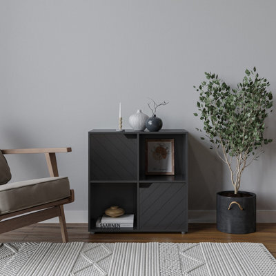 Urbn-Living Urbnliving 61Cm Height Black Wooden Cube Bookcase With Line Door Display Shelf Storage Shelving Cupboard - image 1