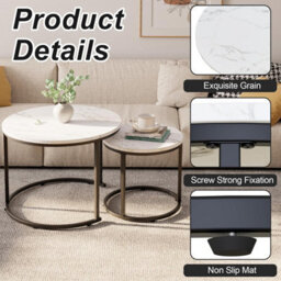 Huhote 2 Set Nesting Tables Round Side Tables Black Metal Frame 23.6/15.7 In Coffee Table End Table For Living Room Balcony Office - thumbnail 5