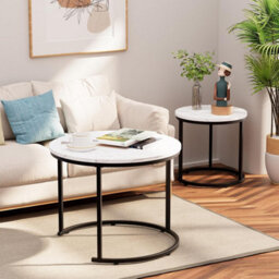 Huhote 2 Set Nesting Tables Round Side Tables Black Metal Frame 23.6/15.7 In Coffee Table End Table For Living Room Balcony Office - thumbnail 7