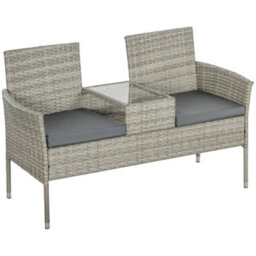 Outsunny Rattan Garden Bench W/ Glass Tea Table, Wicker Chair W/ Cushions Grey - thumbnail 2