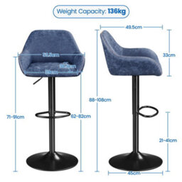 Yaheetech Blue Set Of 2 Vintage Height Adjustable Swivel Bar Stools With Armrests And Backrest - thumbnail 3