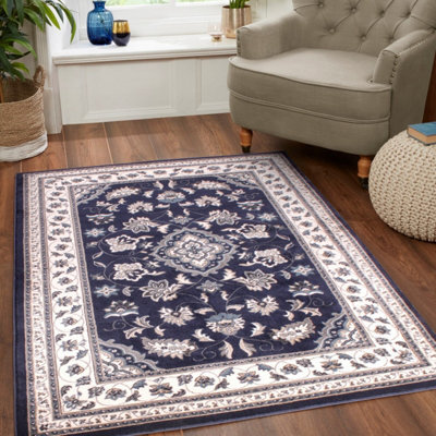 Navy Traditional Bordered Floral Easy To Clean Rug For Dining Room Bed Room And Living Room-66 X 230Cm (Runner) - image 1