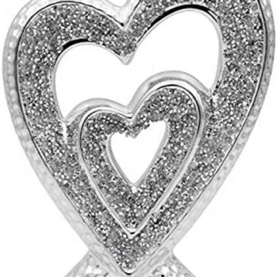 Deenz Crushed Diamond Crystal Sculpture Silver Sparkle Double Heart Ornament 17X6X23 Cm