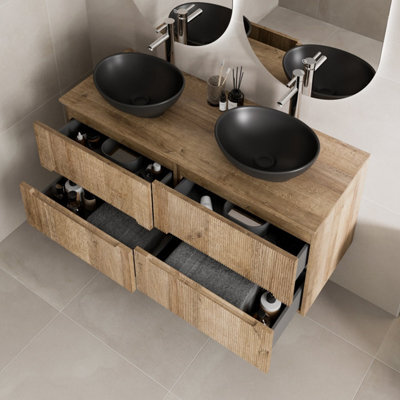 Aveli 1200mm Oak Vanity Unit Double Black Oval Basin Wall Hung Fluted Soft Close - image 1