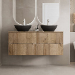 Aveli 1200mm Oak Vanity Unit Double Black Oval Basin Wall Hung Fluted Soft Close - thumbnail 2