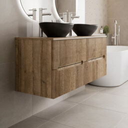 Aveli 1200mm Oak Vanity Unit Double Black Oval Basin Wall Hung Fluted Soft Close - thumbnail 3