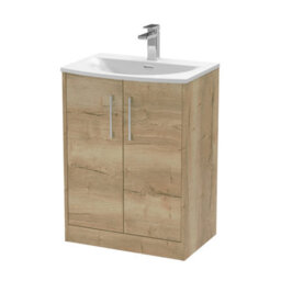 Hudson Reed Juno Floor Standing 2 Soft Close Door Vanity Unit With Curved 1 Tap Hole Basin In Autumn Oak Woodgrain Finish, 610mm - thumbnail 1