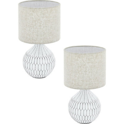 Set Of 2 Modern Table Lamps With White Patterned Base And Light Brown Fabric Shade - image 1