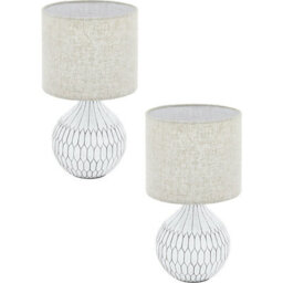 Set Of 2 Modern Table Lamps With White Patterned Base And Light Brown Fabric Shade - thumbnail 1