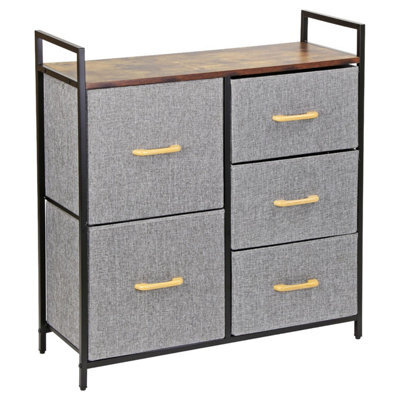 Chest Of Drawers 5 Fabric Drawers With Handles Wood Top And Metal Frame Large Storage Unit Bedroom Or Nursery Brown - image 1