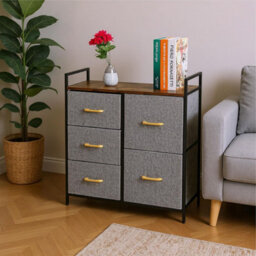 Chest Of Drawers 5 Fabric Drawers With Handles Wood Top And Metal Frame Large Storage Unit Bedroom Or Nursery Brown - thumbnail 3