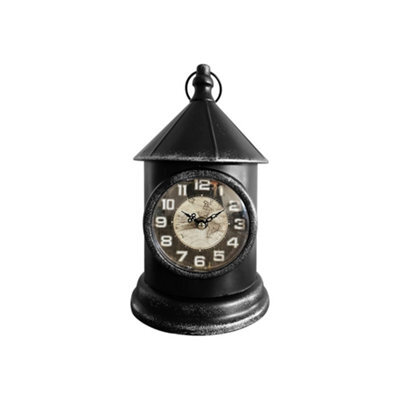 Black Metal Table Clock Lantern Style Mantel Piece With World Map Face, Battery Powered Desk Clock For Home & Office Décor - image 1