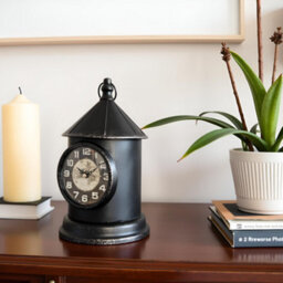 Black Metal Table Clock Lantern Style Mantel Piece With World Map Face, Battery Powered Desk Clock For Home & Office Décor - thumbnail 9