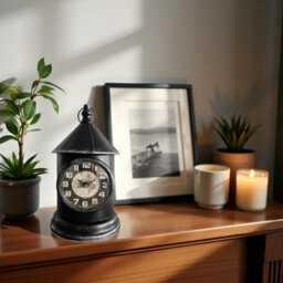 Black Metal Table Clock Lantern Style Mantel Piece With World Map Face, Battery Powered Desk Clock For Home & Office Décor - thumbnail 2