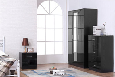Reflect 3 Door Mirror Wardrobe, 5 Drawer Chest, 2 Drawer Bedside - Black Gloss & Black Oak - Modern Bedroom Furniture Set