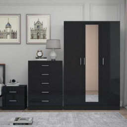 Reflect 3 Door Mirror Wardrobe, 5 Drawer Chest, 2 Drawer Bedside - Black Gloss & Black Oak - Modern Bedroom Furniture Set - thumbnail 3