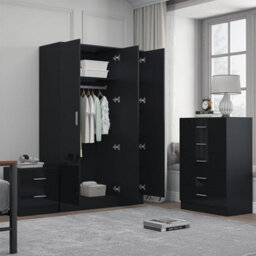 Reflect 3 Door Mirror Wardrobe, 5 Drawer Chest, 2 Drawer Bedside - Black Gloss & Black Oak - Modern Bedroom Furniture Set - thumbnail 2