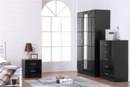 Reflect 3 Door Mirror Wardrobe, 5 Drawer Chest, 2 Drawer Bedside - Black Gloss & Black Oak - Modern Bedroom Furniture Set - thumbnail 1