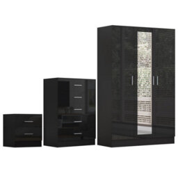 Reflect 3 Door Mirror Wardrobe, 5 Drawer Chest, 2 Drawer Bedside - Black Gloss & Black Oak - Modern Bedroom Furniture Set - thumbnail 5