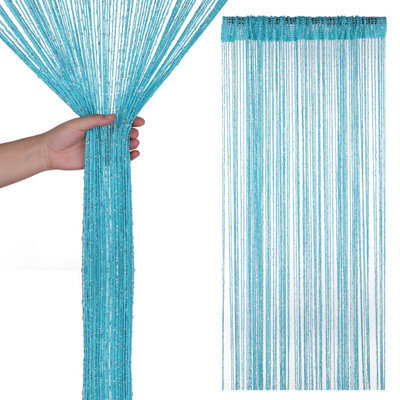 Neel Blue String Curtains Glitter Fringe Panel Fly Screen Doorway Tassel Curatin, 200Cm X 90Cm - Turquoise - image 1