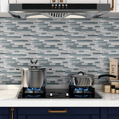 GoodHome Foxe Blue & Silver Polished Gloss Striped Glass Mosaic Tile Sheet, (L)300mm (W)300mm - image 1