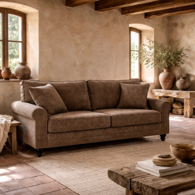 Wyld Haus Soleka 3-Seater Fabric Sofa 196Cm Brown With Rubberwood Legs And Nailhead Trim - image 1