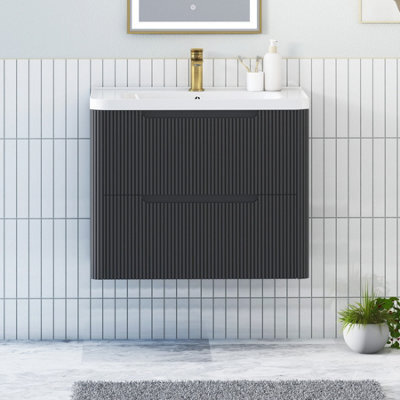 Royal Bathrooms Avenza 700mm Fluted Wall Hung Vanity Unit Matt Obsidian Black 2 Drawer Storage Cabinet With Ceramic Basin - image 1