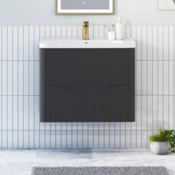Royal Bathrooms Avenza 700mm Fluted Wall Hung Vanity Unit Matt Obsidian Black 2 Drawer Storage Cabinet With Ceramic Basin - thumbnail 1