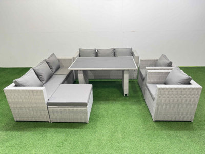 Fimous 9 Seater Wicker Pe Rattan Furniture Outdoor Dining Table 3 Seater Sofa Armchair Set With Big Stool Light Grey - image 1