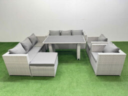 Fimous 9 Seater Wicker Pe Rattan Furniture Outdoor Dining Table 3 Seater Sofa Armchair Set With Big Stool Light Grey - thumbnail 1
