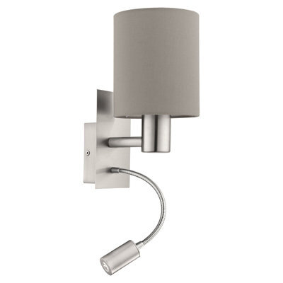 Satin Nickel Wall Light With Taupe Fabric Shade - E27 Led Bulb Compatible - image 1