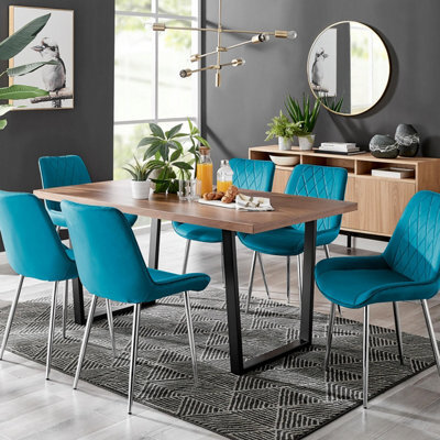 Furniturebox Uk Kylo Brown Wood Effect Dining Table & 6 Blue Pesaro Silver Chairs - image 1