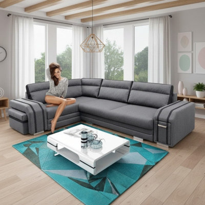 Avatar Corner Sofa Bed With Ottoman And Side Bar Upholstered Back Loose Cushions 300X200X90Cm 145X220Cm Grey And Graphite Left - image 1