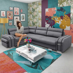 Avatar Corner Sofa Bed With Ottoman And Side Bar Upholstered Back Loose Cushions 300X200X90Cm 145X220Cm Grey And Graphite Left - thumbnail 2