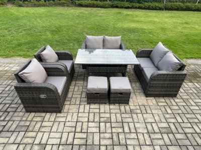 Fimous 8 Seater Lounge Rattan Sofa Set Outdoor Garden Furniture Rectangular Dining Table With Chairs 2 Small Footstools - image 1