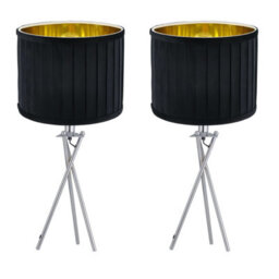 First Choice Lighting Set Of 2 Sundance - Chrome Tripod Table Lamps With Black Pleat Shades