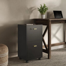 2 Drawer Office Cabinet Lock With 4 Wheels Wooden Document Papers Cabinet Black - thumbnail 6