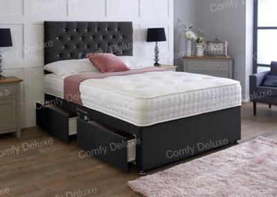 Comfy Deluxe 6Ft Superking Black Plush Velvet Pocket Divan Bed & Chesterfield Headboard 4 Drawers
