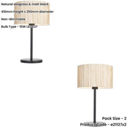 Loops 2 Pack Natural Seagrass Table Lamp - Matt Black Shade - 410mm Tall Light - 10W Led E27 - thumbnail 2