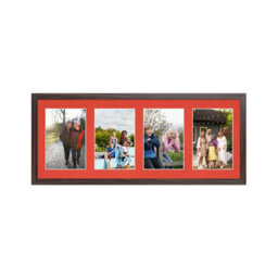 AK Frames 50X20Cm Walnut Sleek Multi Photo Frame With Poppy Red Mount - Holds 4 Apertures (4X) 6X4 Photos