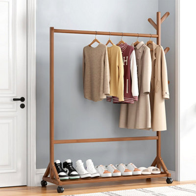 Thehotsale Wooden Garment Hat Rack With Wheels 6 Hooks And Shelf Brown - image 1