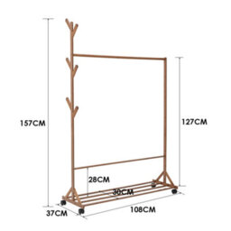 Thehotsale Wooden Garment Hat Rack With Wheels 6 Hooks And Shelf Brown - thumbnail 9
