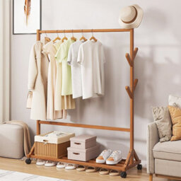 Thehotsale Wooden Garment Hat Rack With Wheels 6 Hooks And Shelf Brown - thumbnail 2