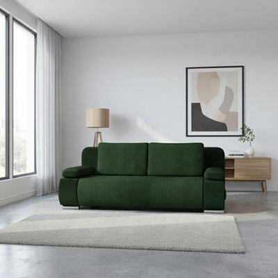 Emma M Corduroy Sofa Bed In Living Room Mdf Frame Has Storage Loose Back Cushions 200X92X77 Cm Green - image 1