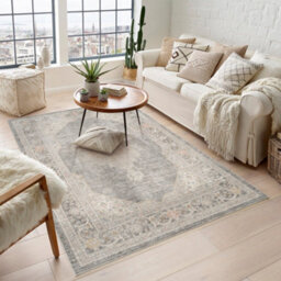 Maia Washable Low Pile Non Slip Orchid Traditional Area Rug - Grey, 200 X 300 Cm (Rectangular)